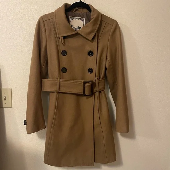 Wool Blend Tan Double-Breasted Coat - Picture 13 of 16